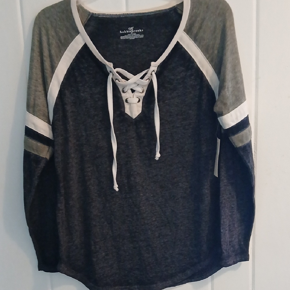 Bobbie Brooks BlackOlive and Gray Lace-Up Top